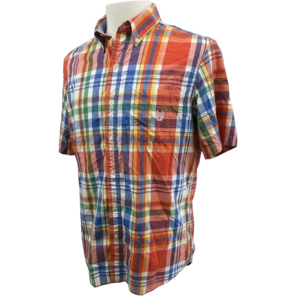 Chaps Mens Easy Care Plaid Short Sleeve Button Down Shirt Multi-Color Large